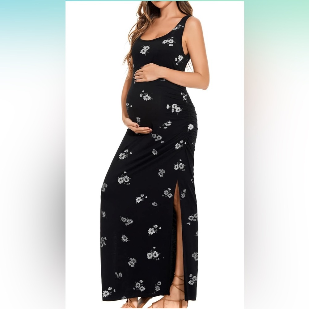 Smallshow Women's Split Long Maternity Dress Sleeveless Ruched Pregnancy Clothes